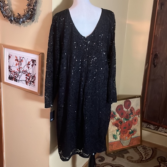 MARINA Size 20W Black Sequin Stretch Dual Layer VNeck Evening Party BlackTie NEW - Picture 6 of 16